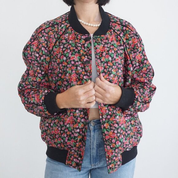 Coach New York Black Pink Floral Reversible Button Up Varsity Bomber Jacket M - Picture 2 of 15